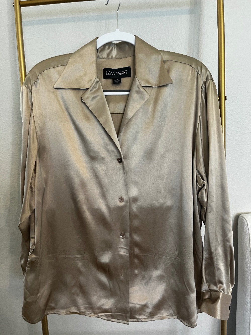 Vintage Linda Allard Ellen Tracy 100 Silk Champagne Satin Button Up Blouse 12